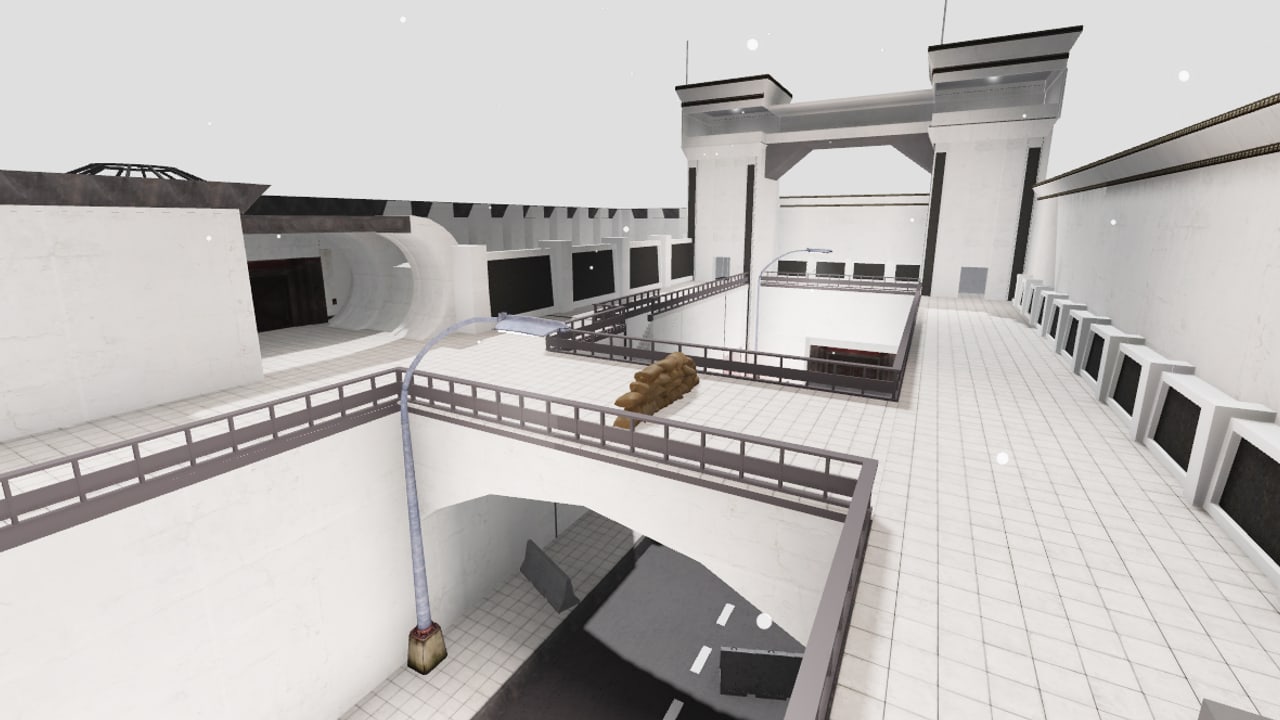 Surface Gate A of the Anomaly Lockdown facility, with bridges, sandbags, and the road toward the Alpha Warhead
